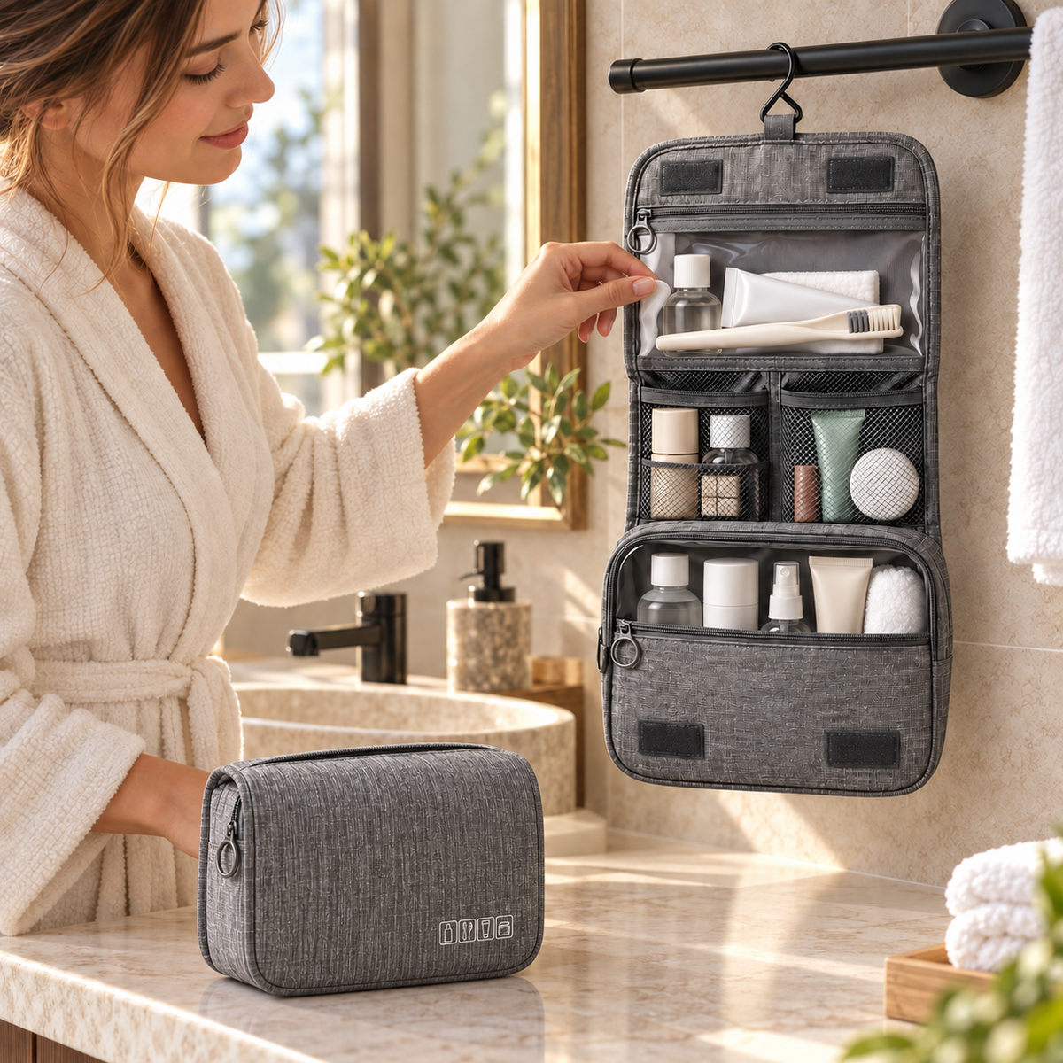 Trousse de toilette Hanri suspendue par son crochet, tous les produits visibles